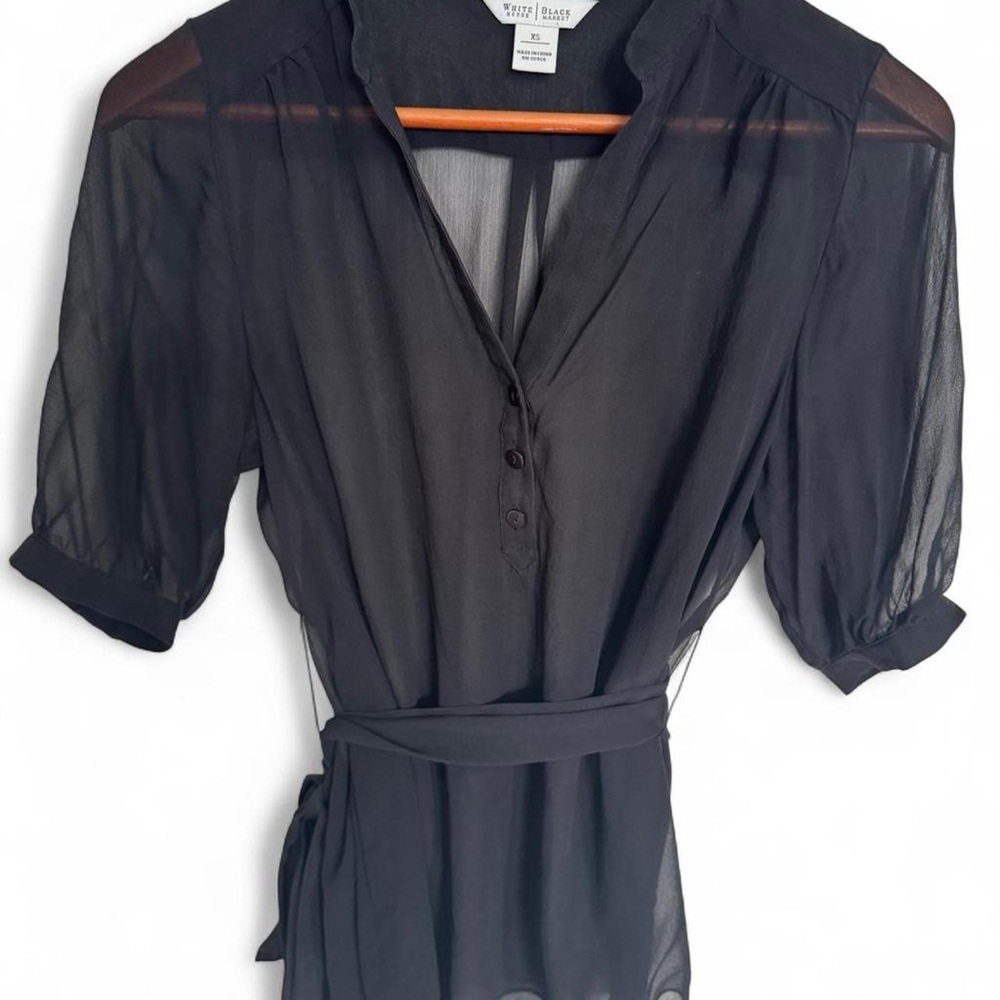 White House Black Market Sheer Black Blouse with Belt